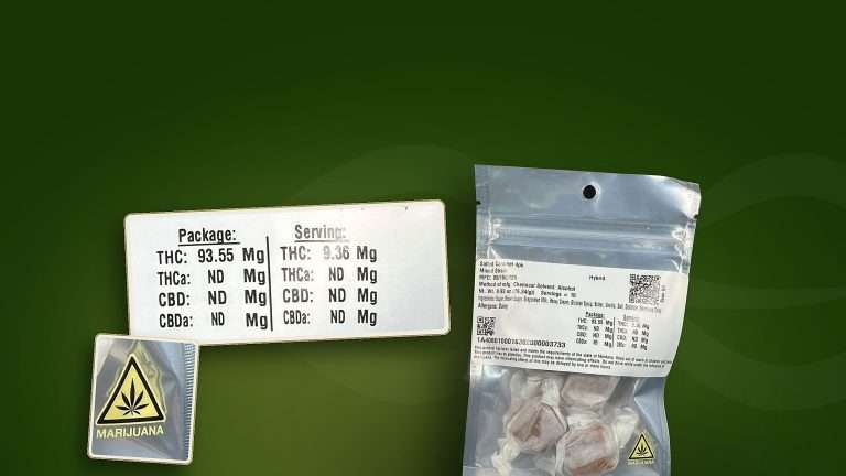 Montana cannabis product label on a sealed Salted Caramel edible pouch, with the THC potency panel and the state marijuana warning symbol shown enlarged